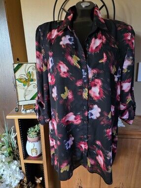 Mandee Watercolour Floral Brushstroke Button-Up High Low Tunic Blouse